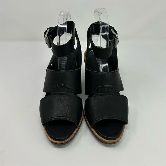 Sorel Women's Black Leather Ankle Strap Buckle Wedge Sandals Size 8 - Picture 4 of 11